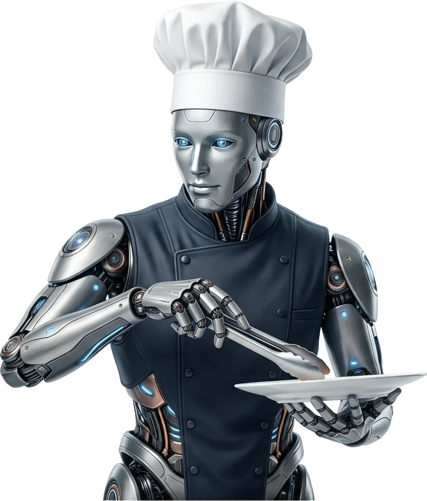 Humanoid AI chef in a chef's hat plating with tongs